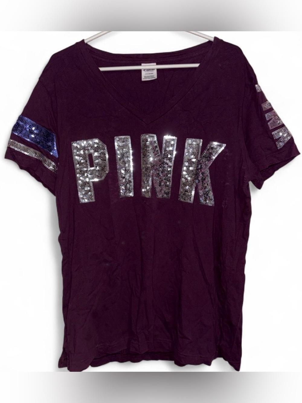 PINK Victoria's Secret Plum V-Neck Tee with Silver Sequin Logo